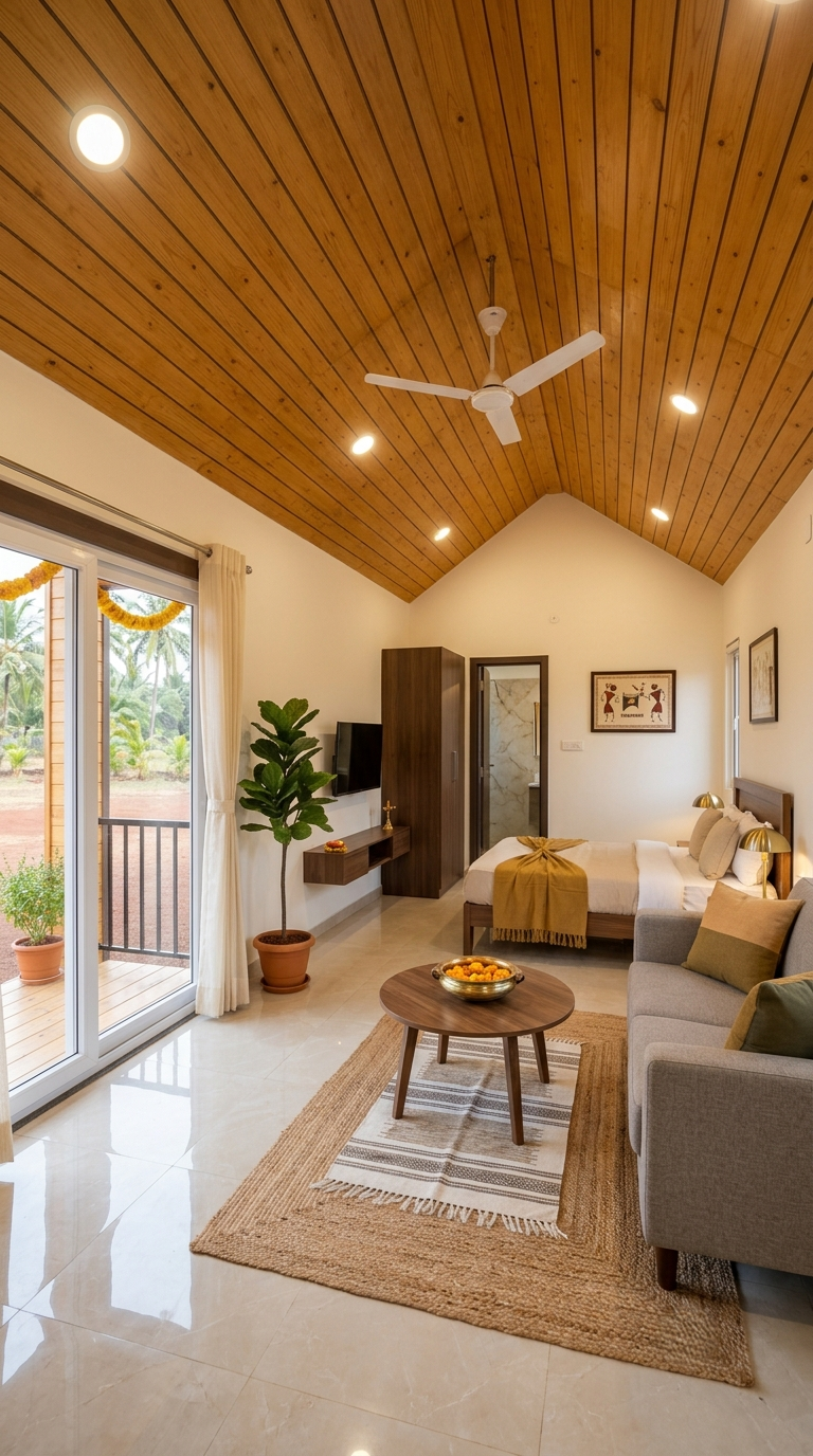 Premium Cottage cabin interior with bedroom and living area